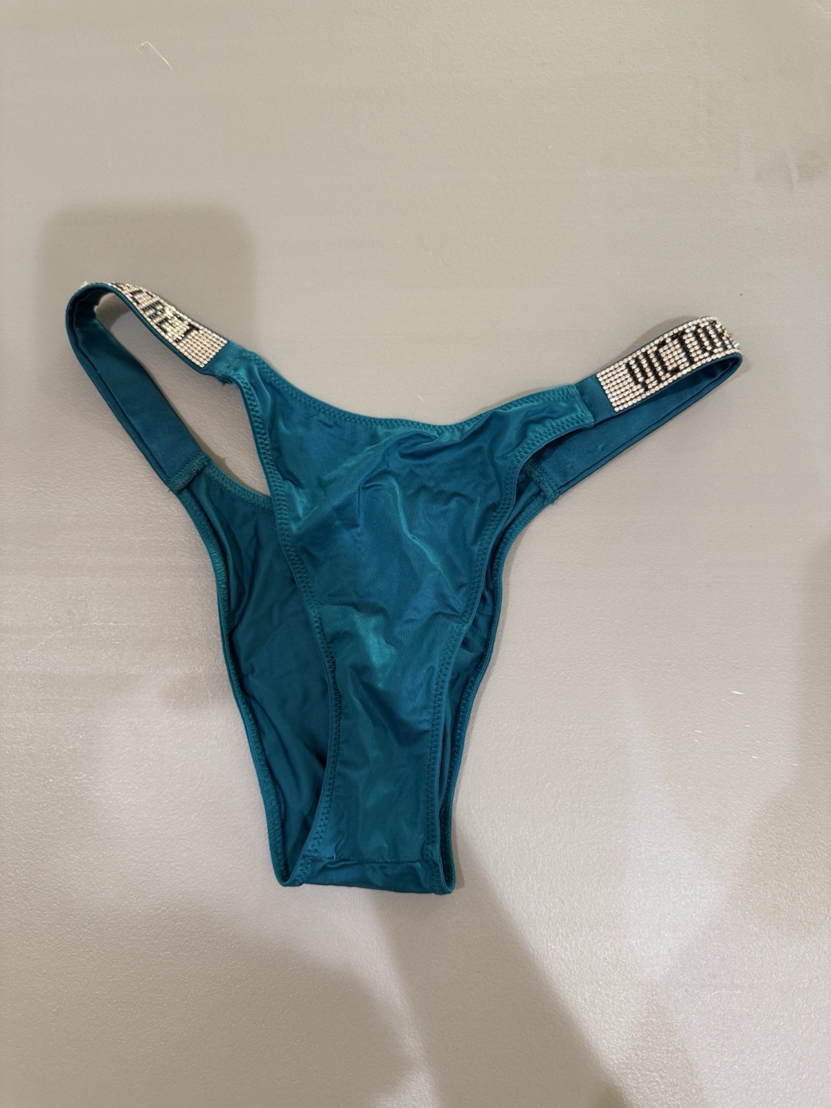 NWOT Victoria’s Secret Teal blue green crystal logo thong Brazilian Panties