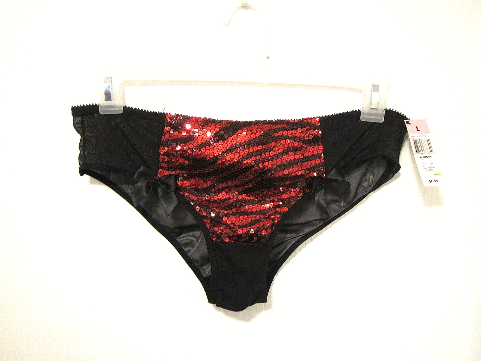 Red and Black Zebra Animal Print Sequin Sheer Back Hipster Panty L