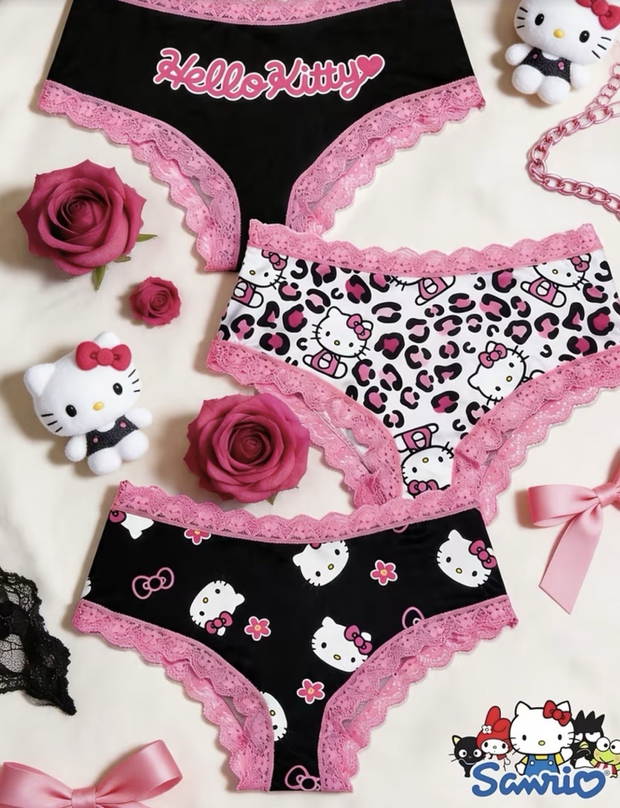Women’s Teens Hello Kitty Brief Panties Lace Cartoon Kawaii 3pk Black/Pink M