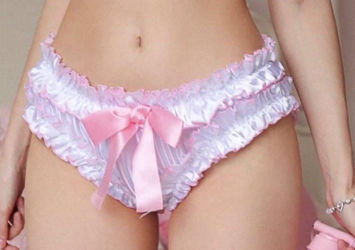 New XL White Pink Edged Ruffled Satin Ruched Bum Big Bow Bikini Panties Sissy
