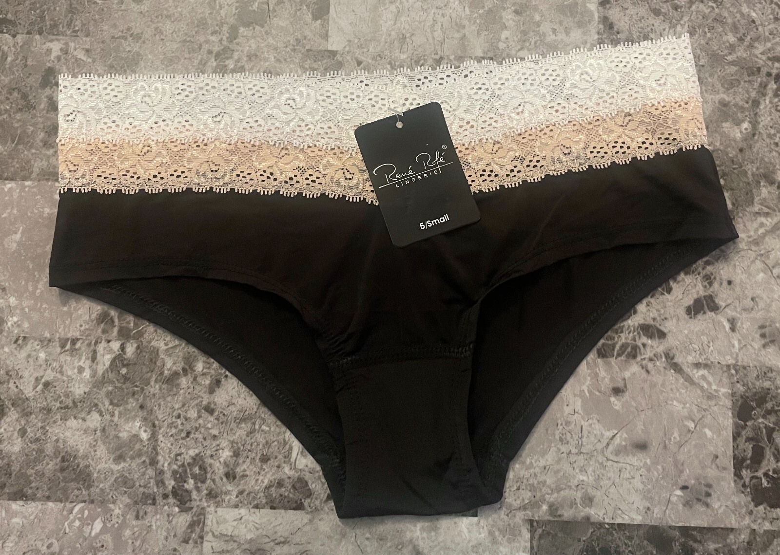 NWT RENE ROFE SMALL BLACK SMOOTH NUDE WHITE LACE VINTAGE RARE HIPHUGGER PANTIES