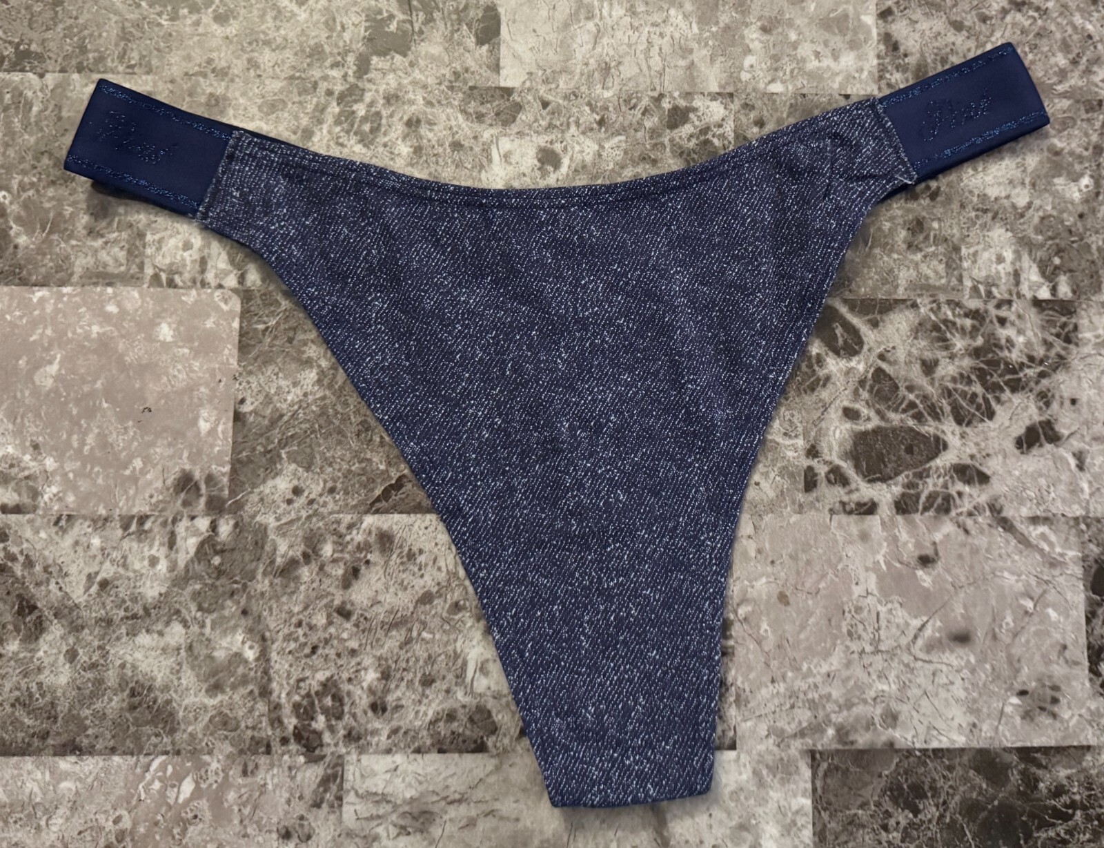 NWT VICTORIA’S SECRET PINK BLUE DENIM LOOK LOGO THICK SIDE STRAP THONG PANTIES