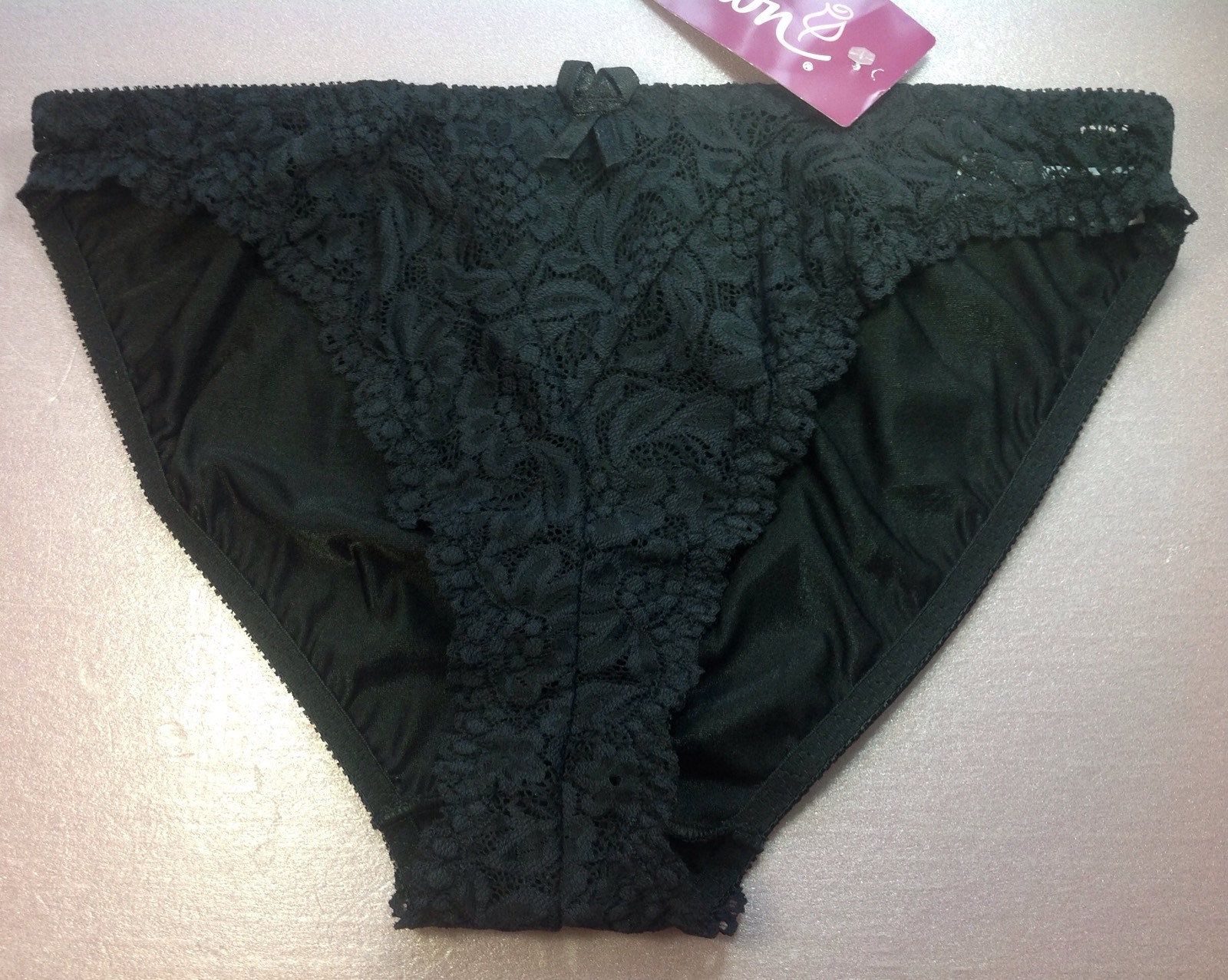 Women Panties,Bikinis ILUSION Size L. Black Fishnet&Satin Floral W/ Decoration