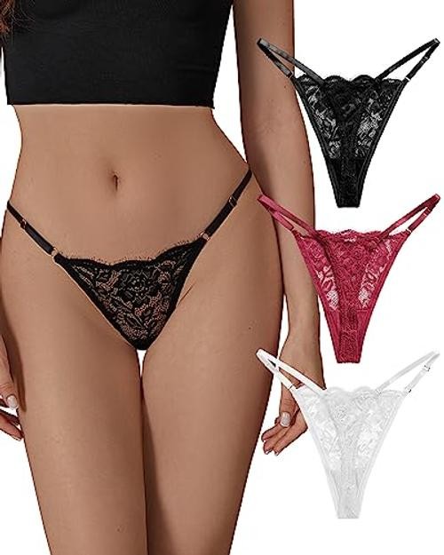 Lace G-String Thongs for Women Adjustable Sexy Medium 3p03 (Black White Red)