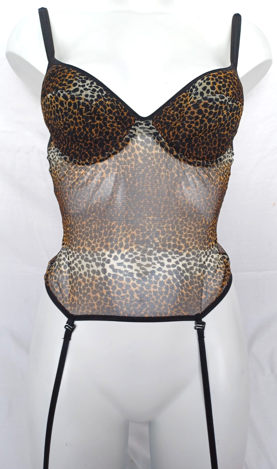 STELLE Lingerie Beautiful Leopard Print Semi Sheer Mesh Suspender Basque Size 32