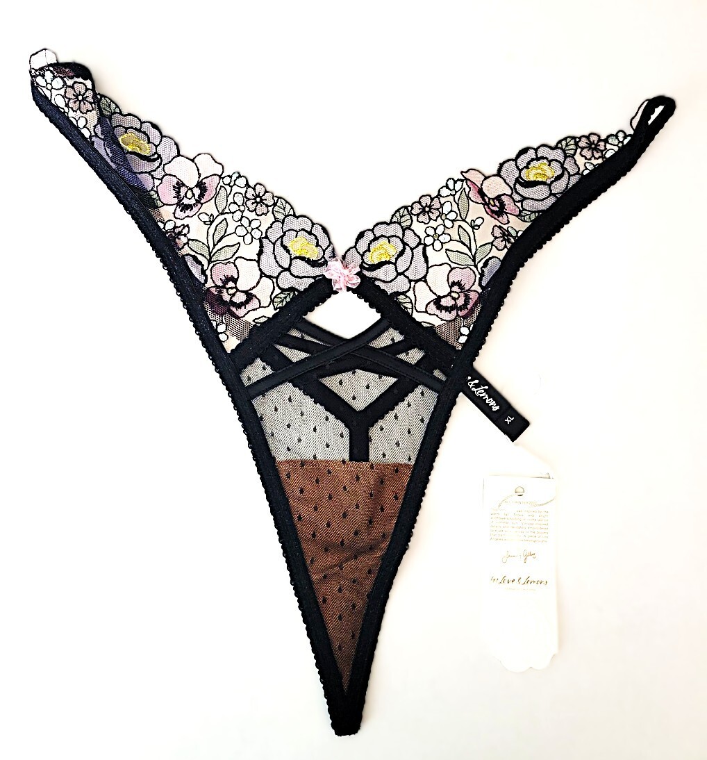 For Love and Lemons XL Clara Black Floral Strappy Thong Panty Birthday Gift New