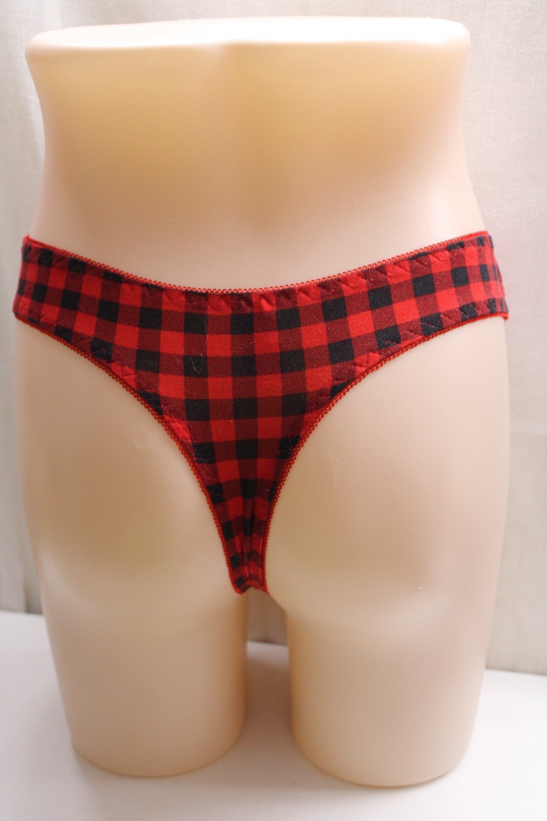 red and black plaid polyester elastane lace&bow thong panty L