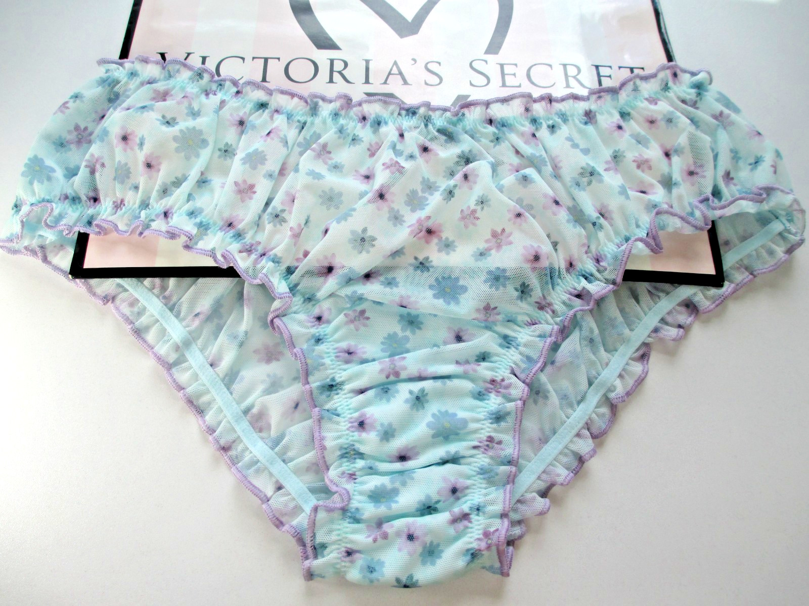 VICTORIA’S SECRET PINK Cheeky Panty S M L Blue Floral NWT Flutter Ruffle Mesh VS