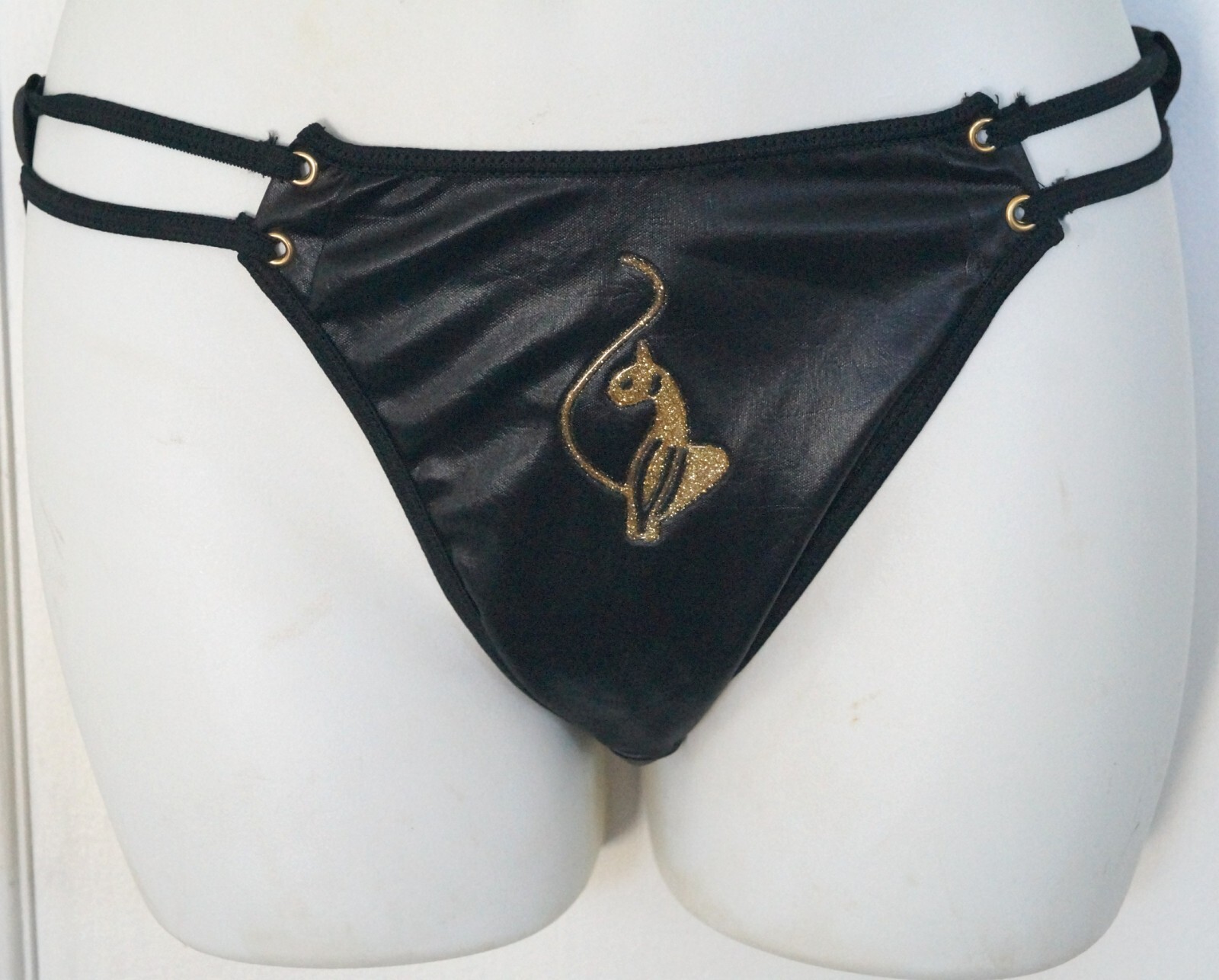 New Baby Phat Large 7 String Strappy Panty Gold Cat Logo RARE Black