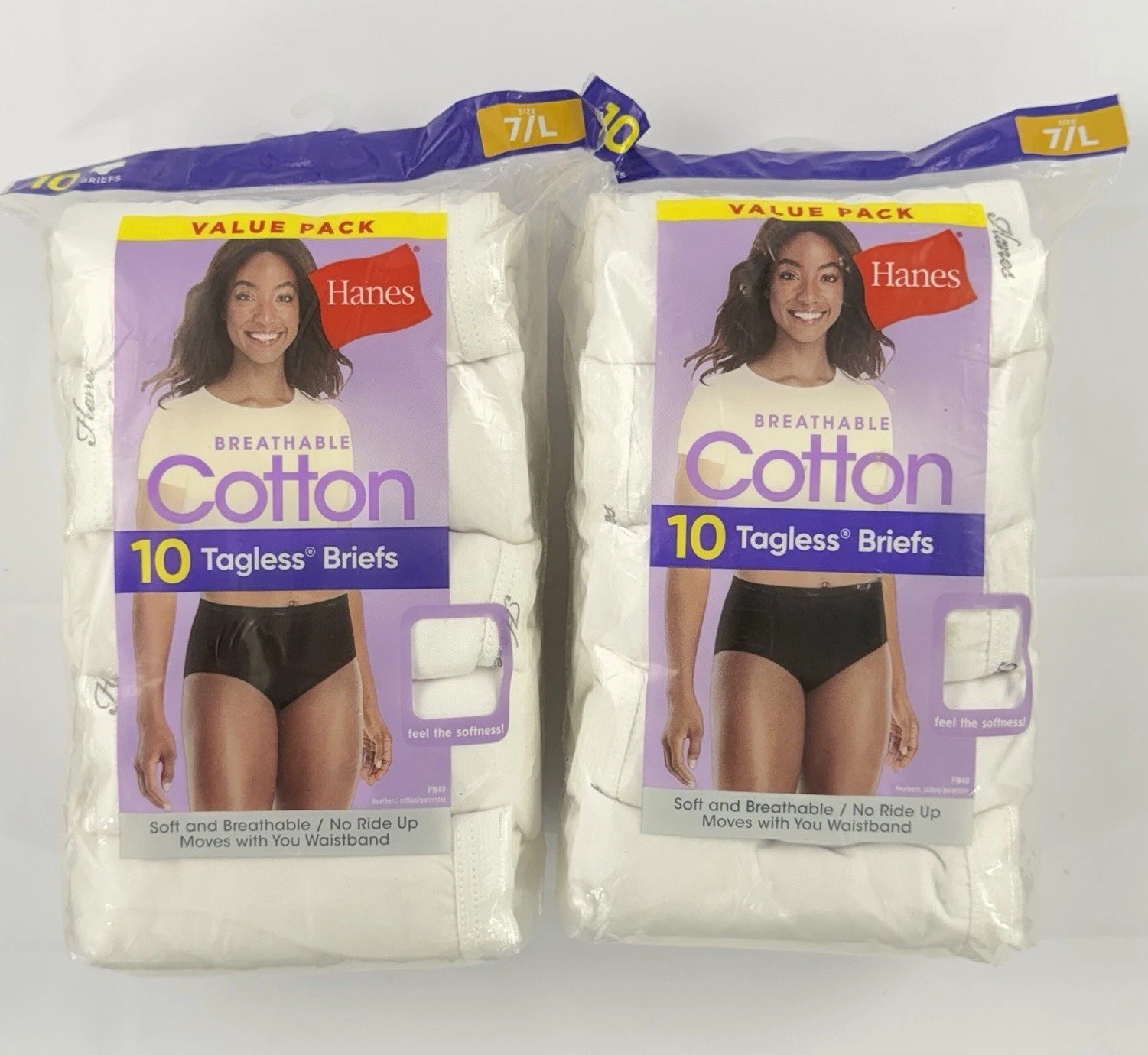 Lot of 2 Hanes Women’s Cotton Tagless Briefs Size 7 Large 10-Pack White NIP