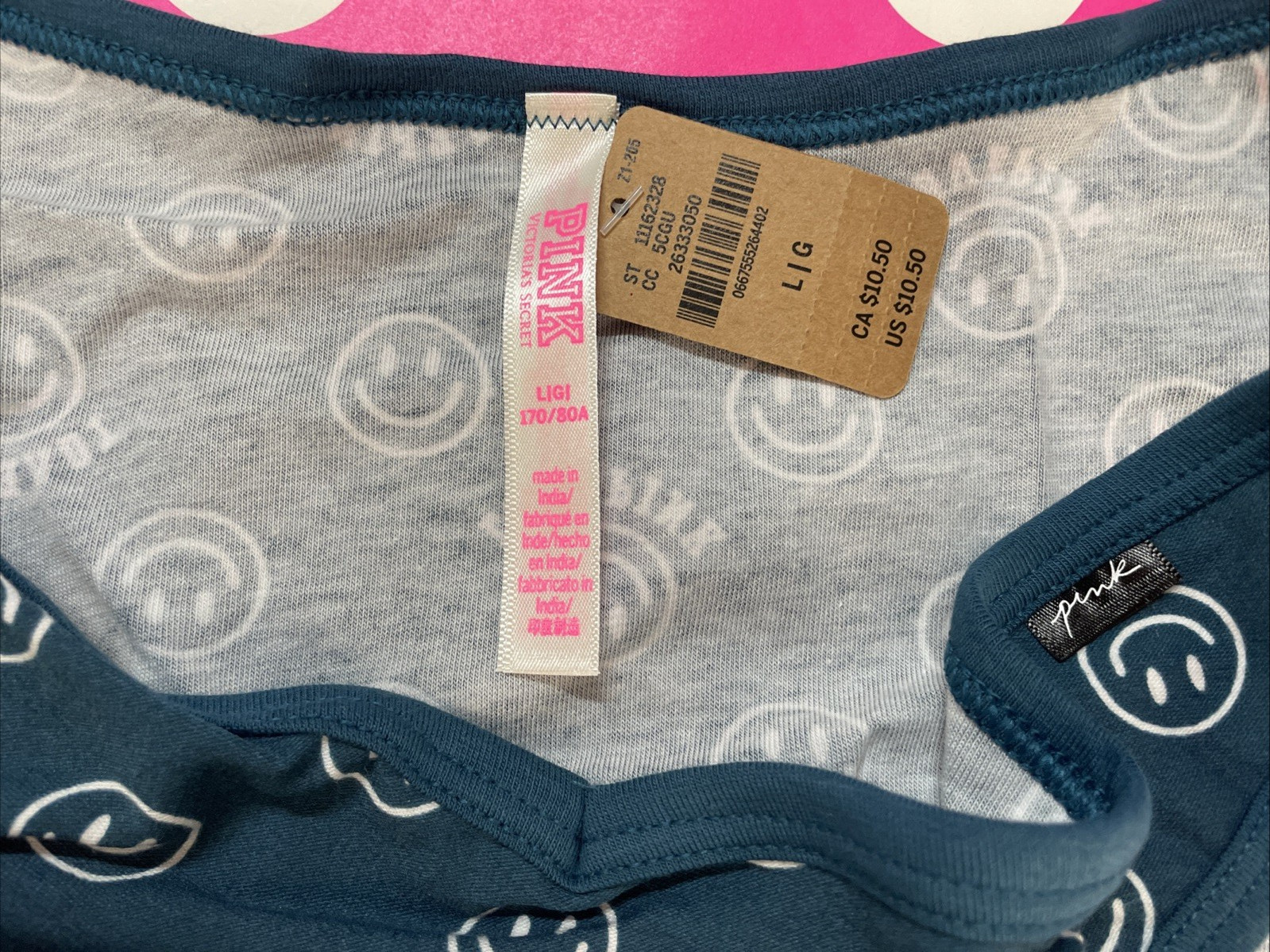 2021 Victoria’s Secret PINK V Front Bikini Panties L Smiley Faces Teal NEW