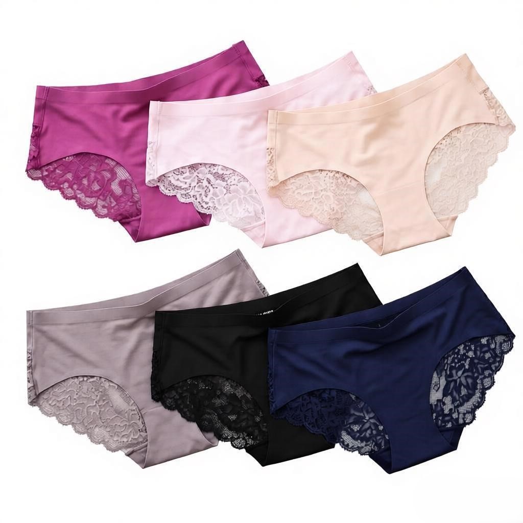 Women Ice Silk Lace Briefs 6 Pack Mid Rise Seamless Cotton Crotch Daily Panties