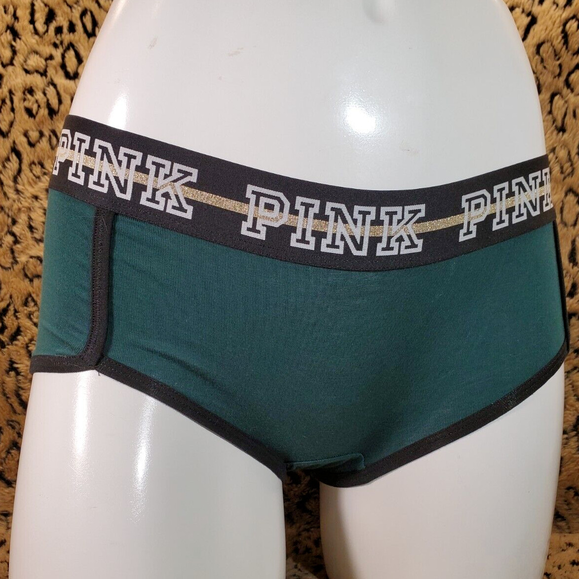 Victoria’s Secret PINK Gold Glitter Logo Dark Green Boy Short Panty XS NWT Sexy
