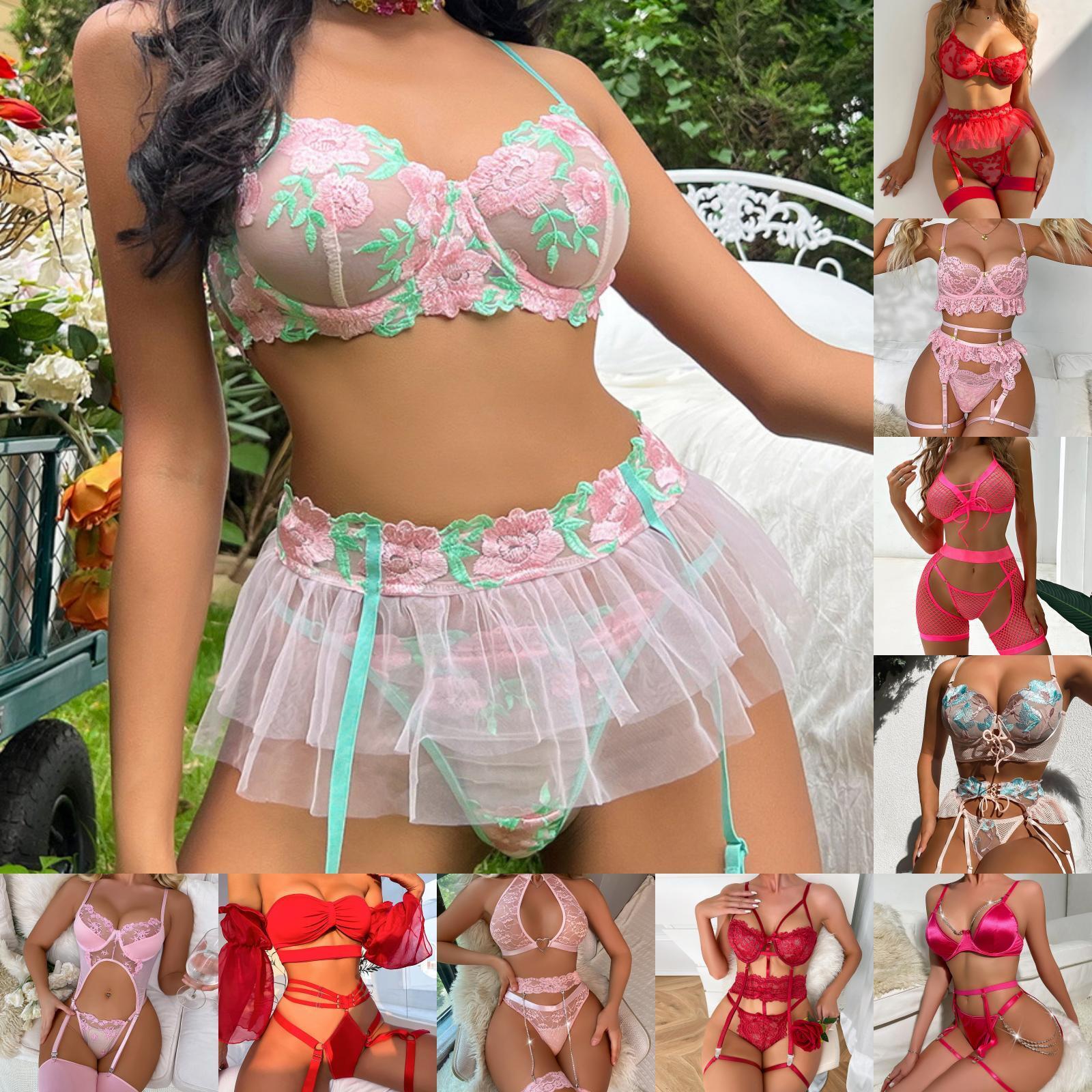 Sexy Strap Lingerie Set Bra Thong Garter Belt Lace Mesh Nightwear Sleepwear Xmas