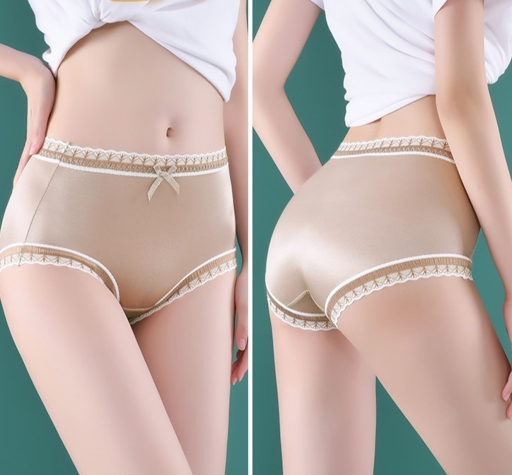 3 Pack Lace Satin Seamless Panties Mid Waist Bikini Antibacterial Cotton Crotch