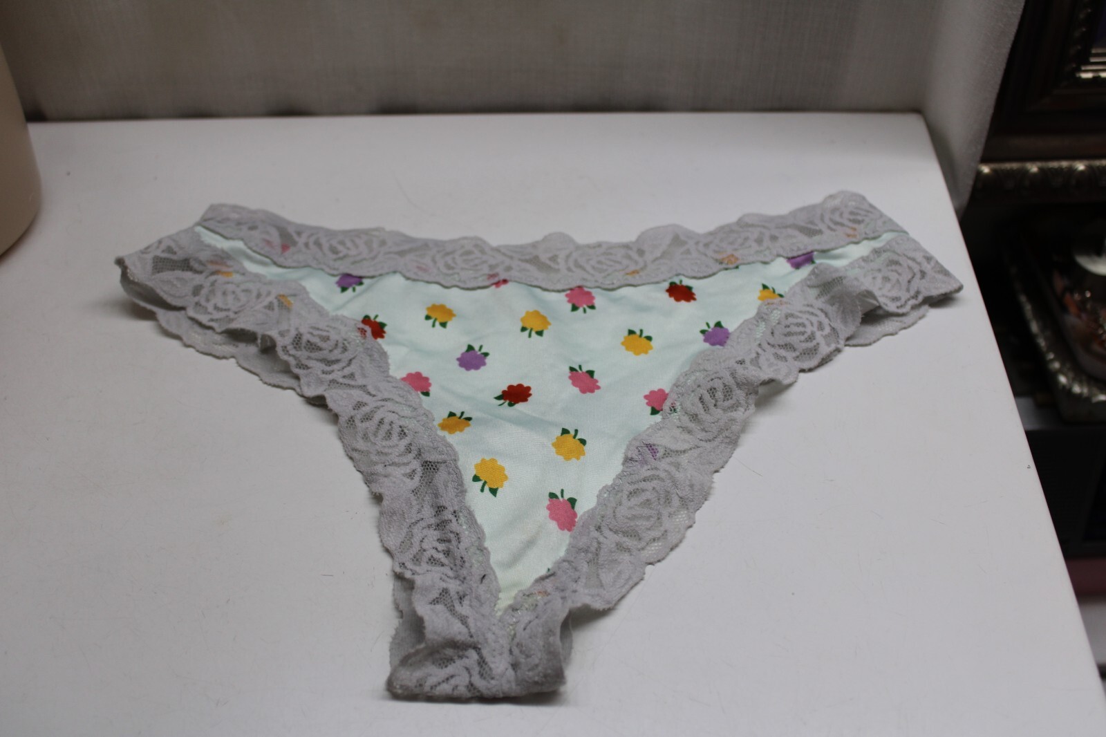 Sissy Lace Satin Cheeky Thong Panties Lightweight Shiny Stretch Violet Flowers S