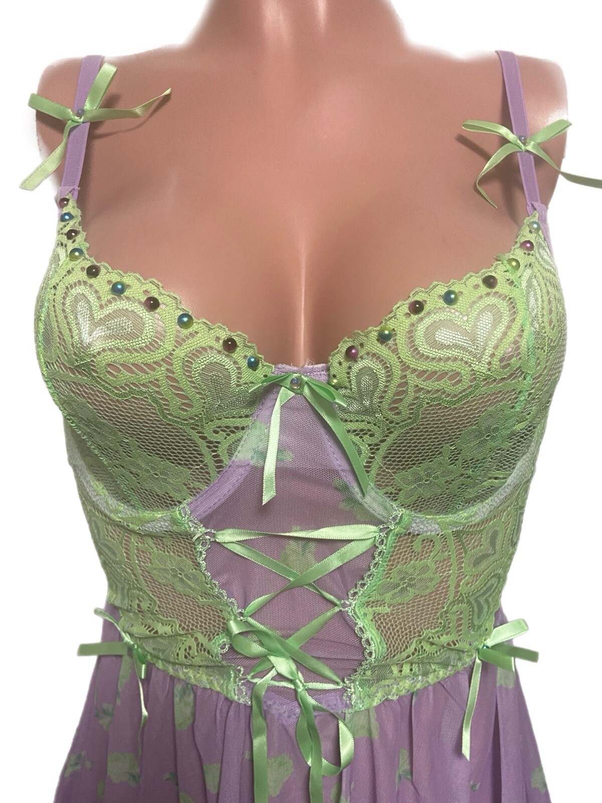 Fairycore Semi sheer pearl blinged Lace up U/W Micro dress Thong S New Cosplay