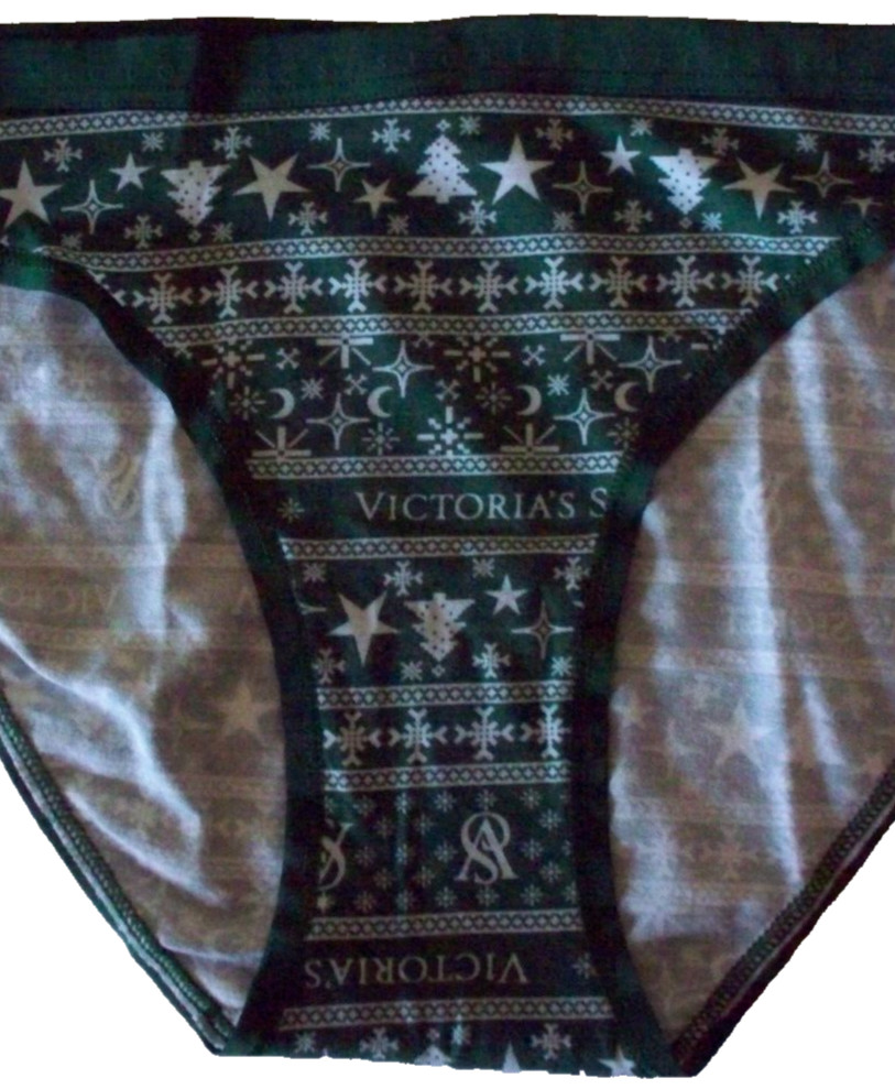 L GREEN STAR TREE SNOWFLAKE LOGO Stretch COTTON Victoria’s Secret BIKINI Pantie