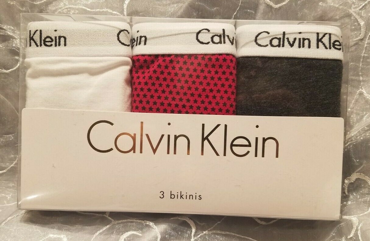 Calvin Klein 3 Bikinis M Carousel Cotton Bikini Panty White Red Gray SHIPS FREE