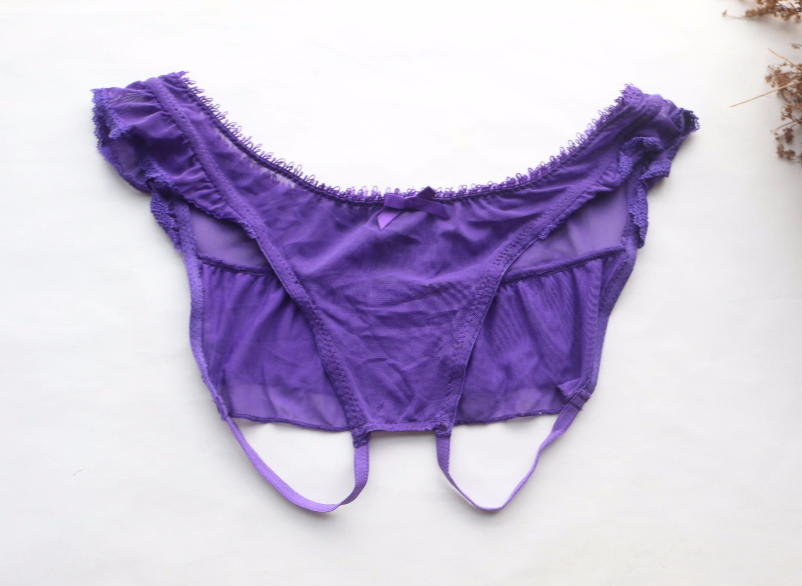 Women Sexy Briefs Mesh Ruffles Open Crotch Underwear Hipster Knickers Purple S-M
