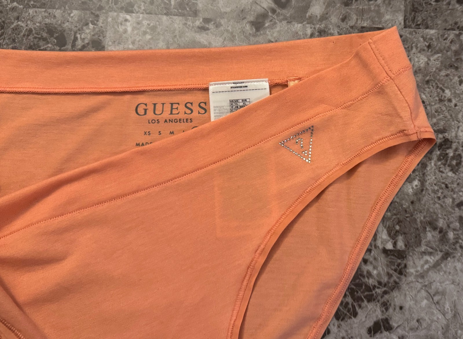 NWOT GUESS XL PEACH ORANGE THIN MATERIAL SILVER RHINESTONE LOGO BRIEF PANTIES