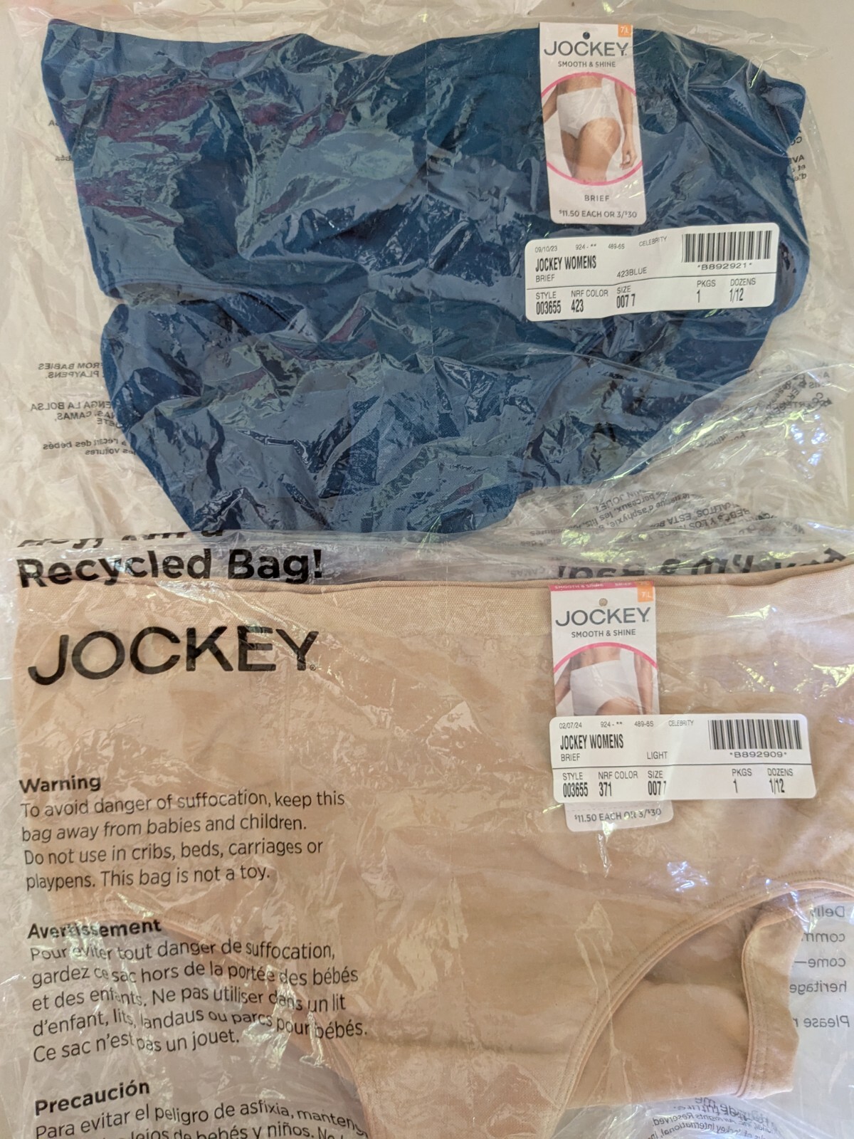 2 pair Jockey full-cut women’s briefs, Size 7/L, style 3655