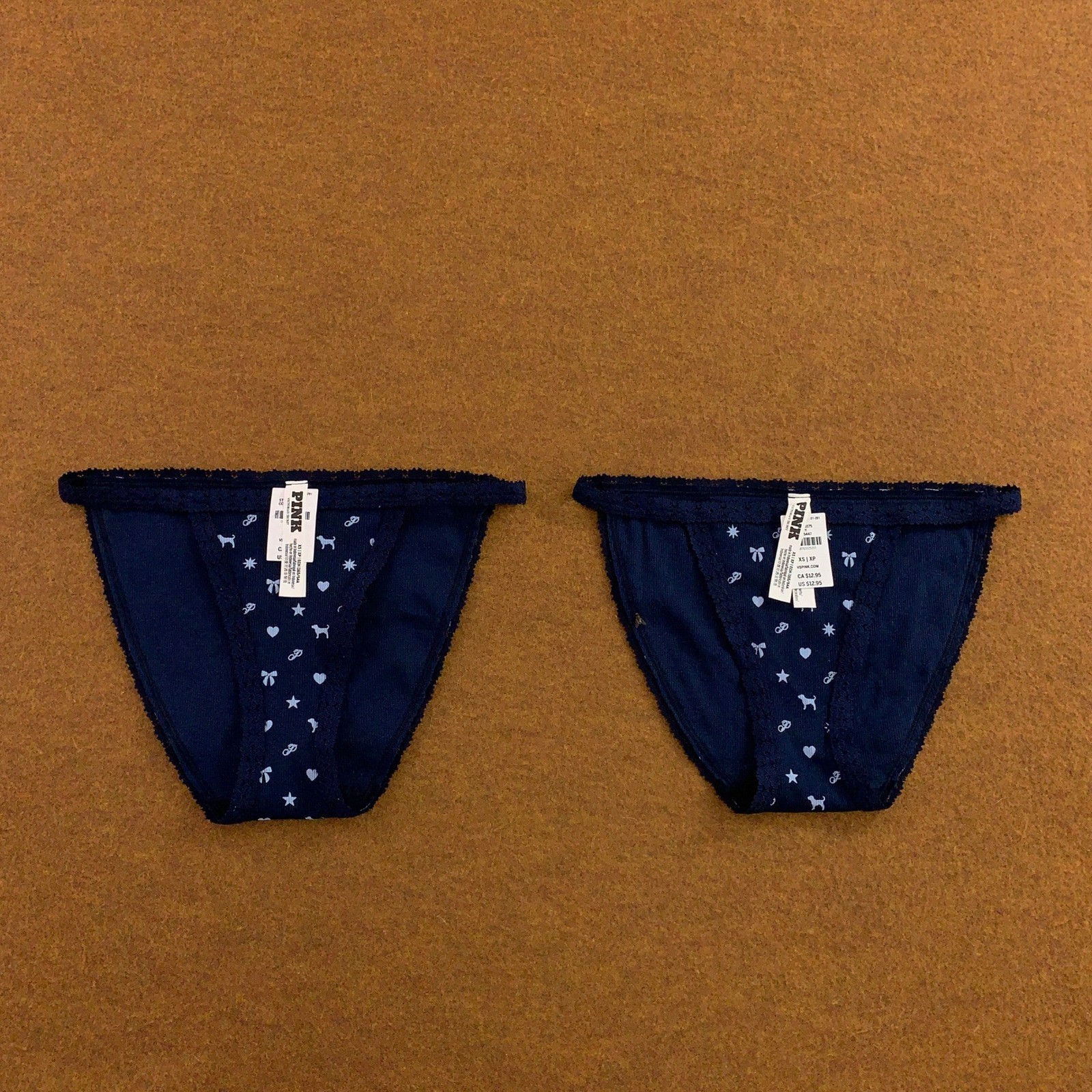 PINK Womens XS Navy Blue Ribbed Lace Trim String Bikini Panties 2-Pack NWT