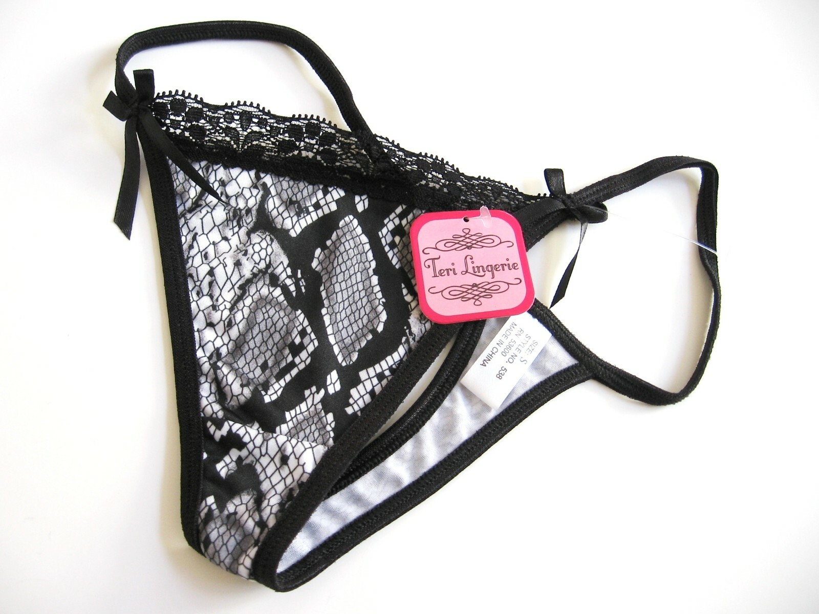A0367 TERI Lingerie Snake Prints Sheer Mesh Silk Ribbons Lace Panel G-String NEW