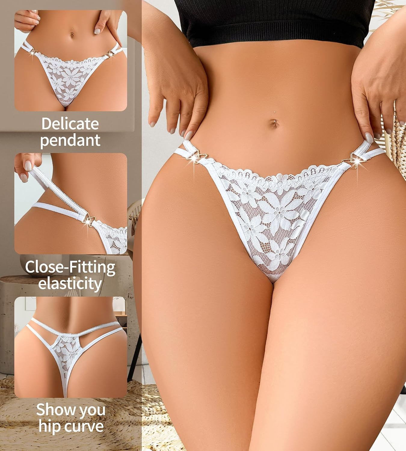 G-String Thongs for Women Sexy Lace T Back Underwear Low Rise No Show Cheeky Pan