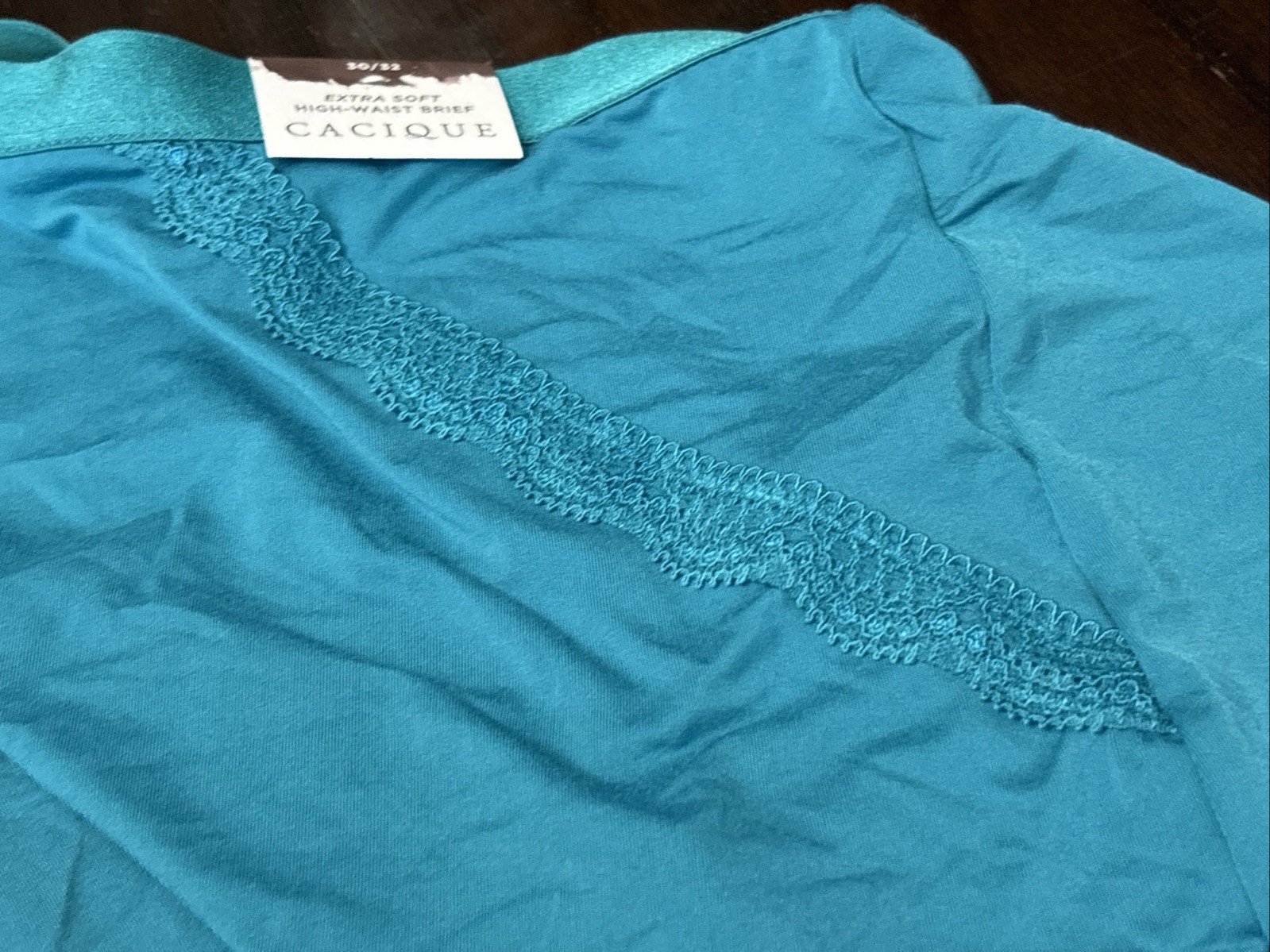 Cacique Extra Soft High Waist Brief 30-32 Teal With Lace Detail And Pink Bow NWT