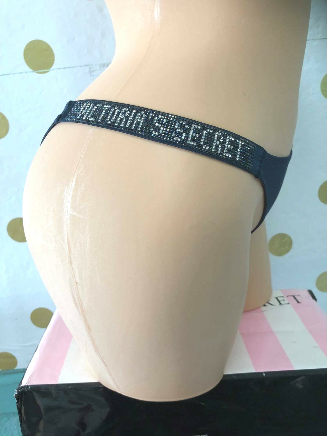 Victorias Secret Bombshell Shine Thong Panty Bling Rhinestone Logo Navy S NWT