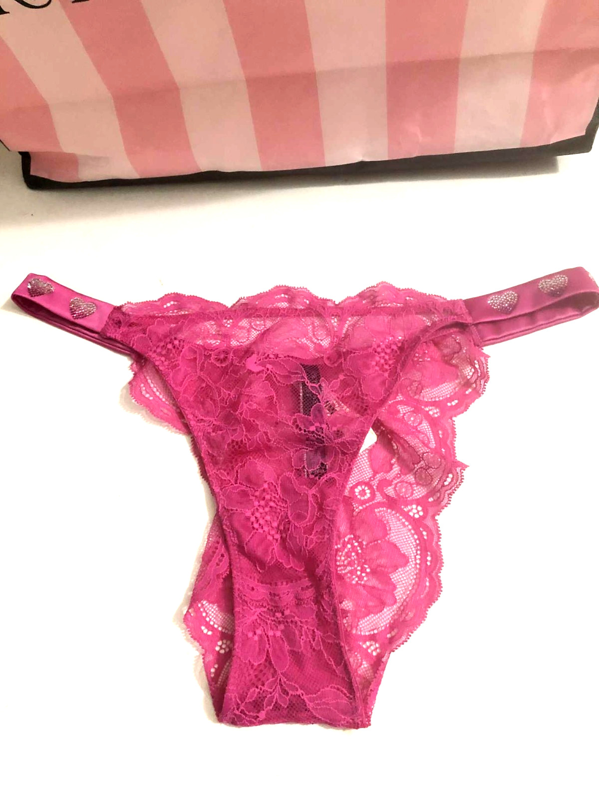 Victoria’s Secret Shine Strap Hearts Very Sexy Lace Brazilian Panty Fuchsia NWT