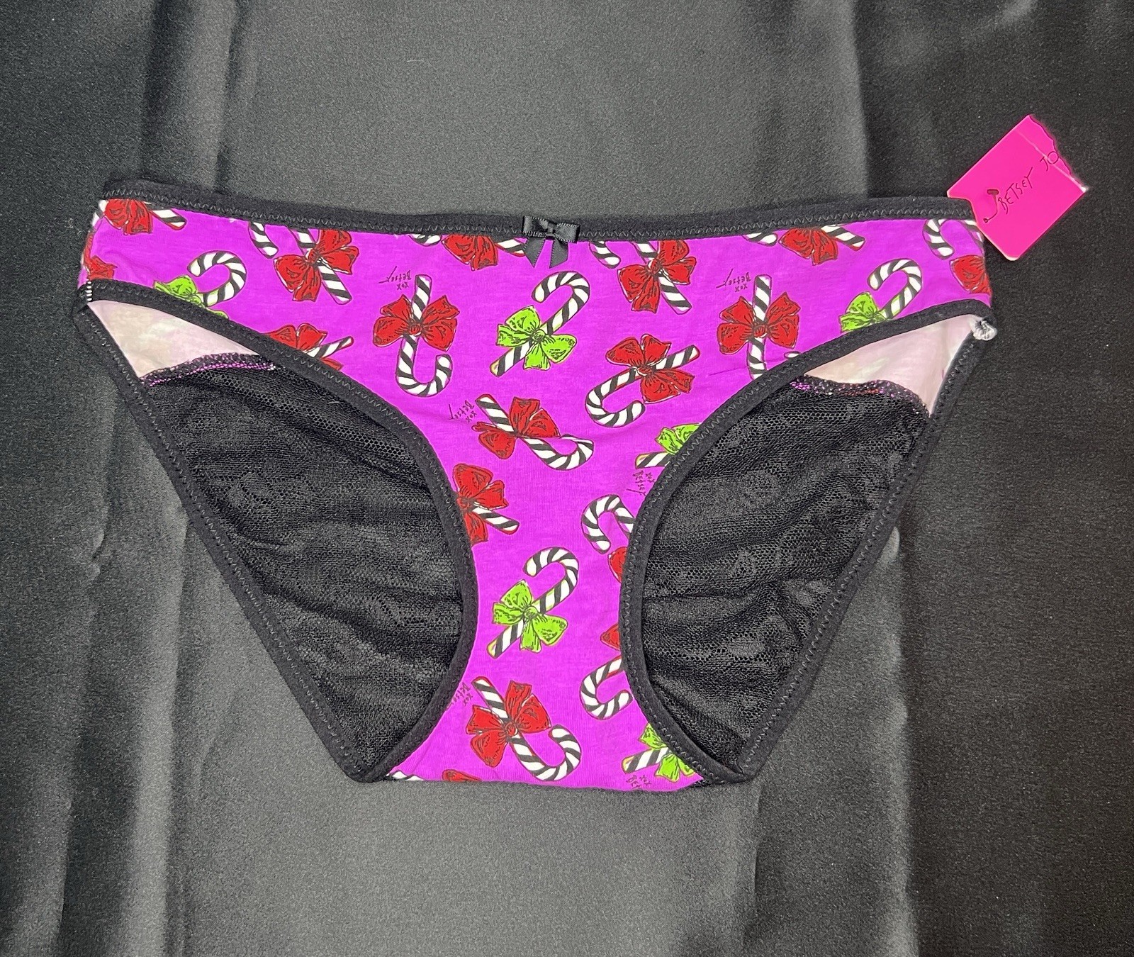 Betsey Johnson Bikini Underwear Purple Holiday Candy Canes Bows Mesh Back Small