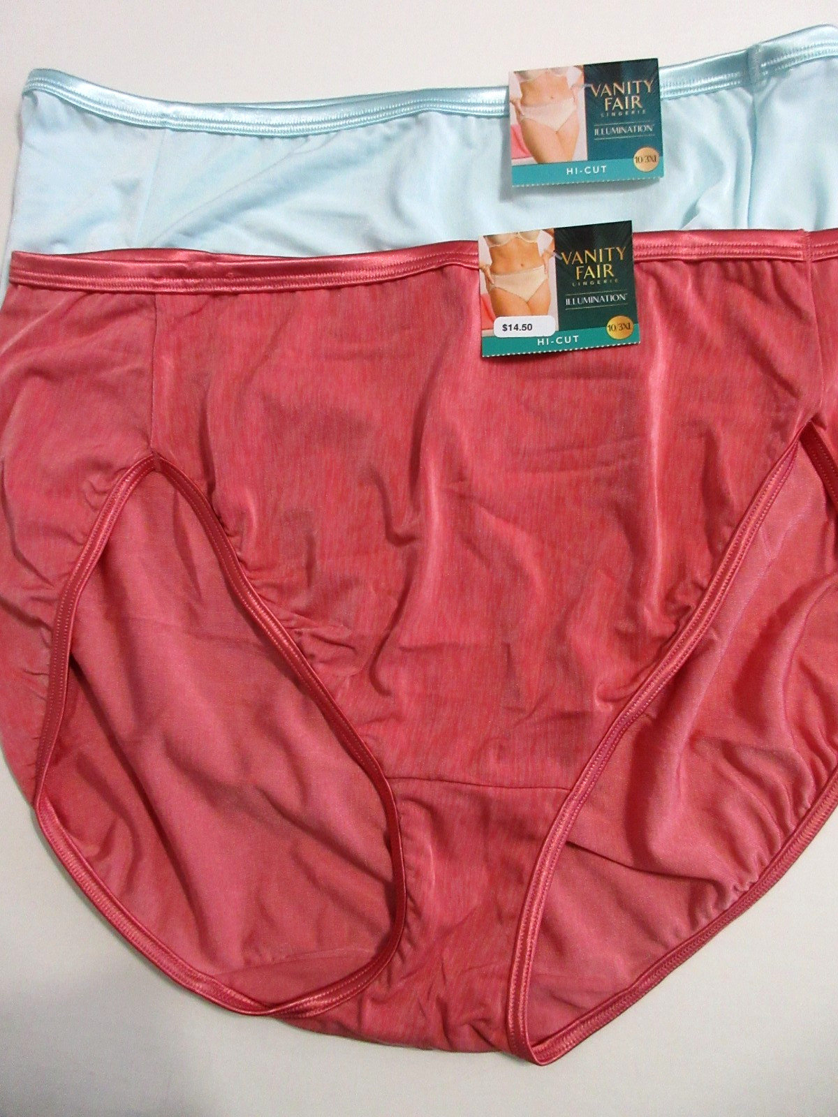 Vanity Fair 2-Pair HI-CUT brief Body Shine Illumination Pink Blue nylon ~ 10/3XL