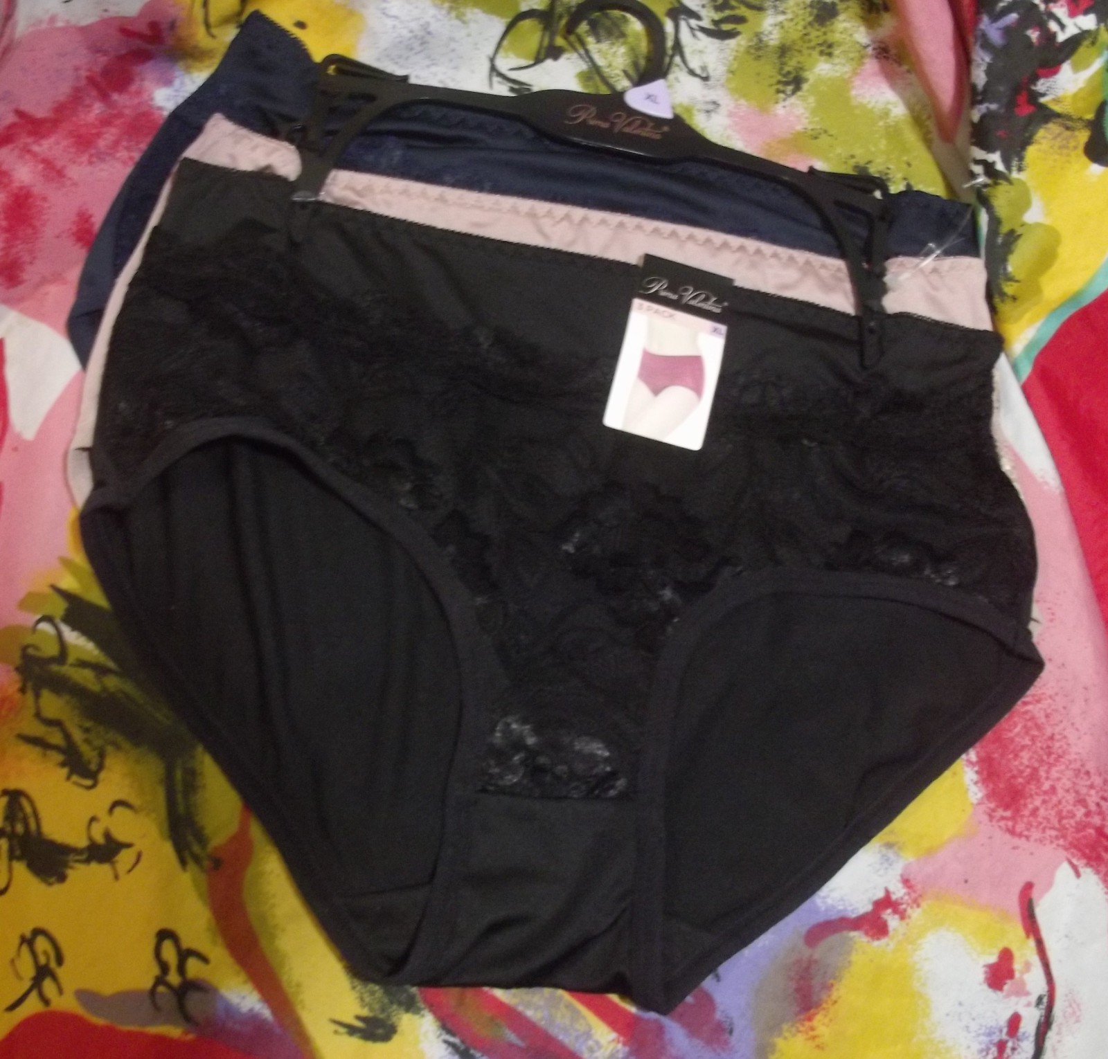 3 NEW PRIMA VALENTINA 871058 BK/BG/NY MICROFIBER LACE TRIM BRIEF PANTIES XL
