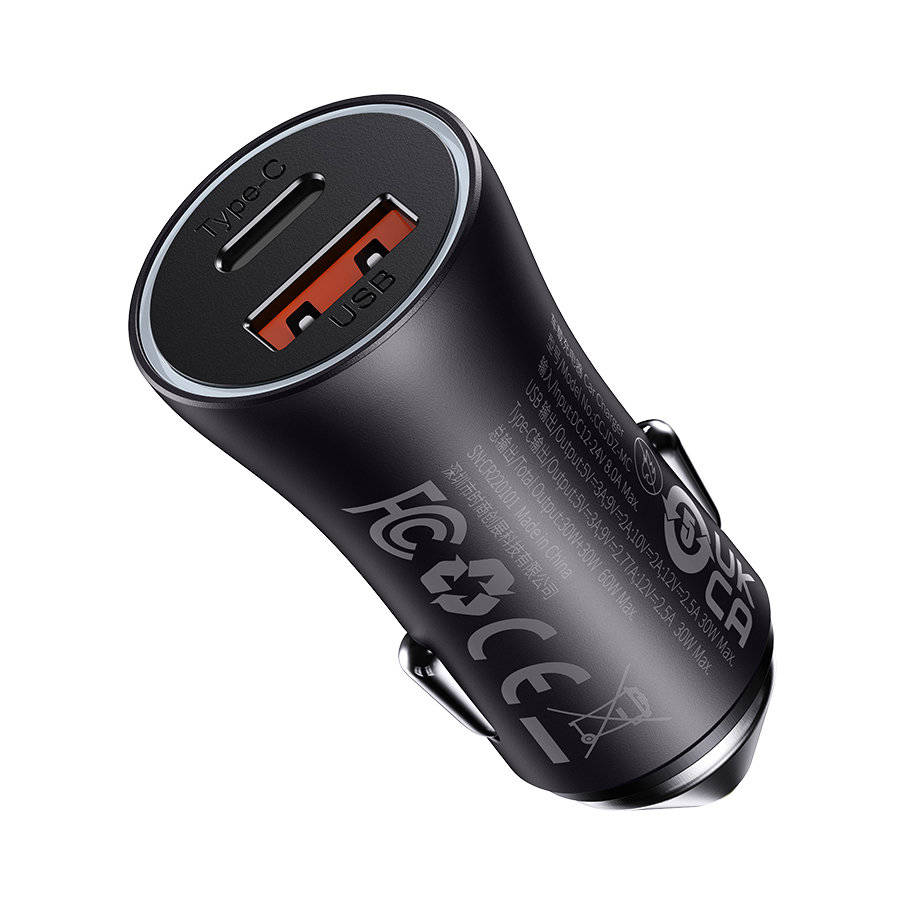 Baseus Golden Contactor Max Dual Fast Charger Car Charger U+C 60W - Dark Gray - Image 2