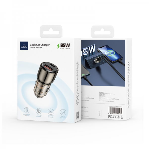 WIWU WI-QC012 95W PD+QC Kirsite Geek Fast Car Charger USB+Type-C - Transparent Black - Image 6